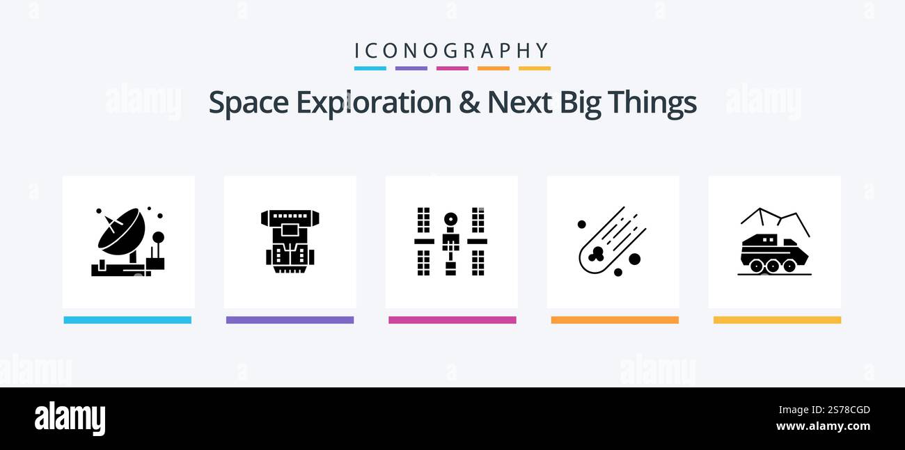 Space Exploration e Next Big Things Glyph 5 pacchetto icone compreso lo spazio. asteroide. crionica. spazio. piattaforma. Icone creative Design Illustrazione Vettoriale