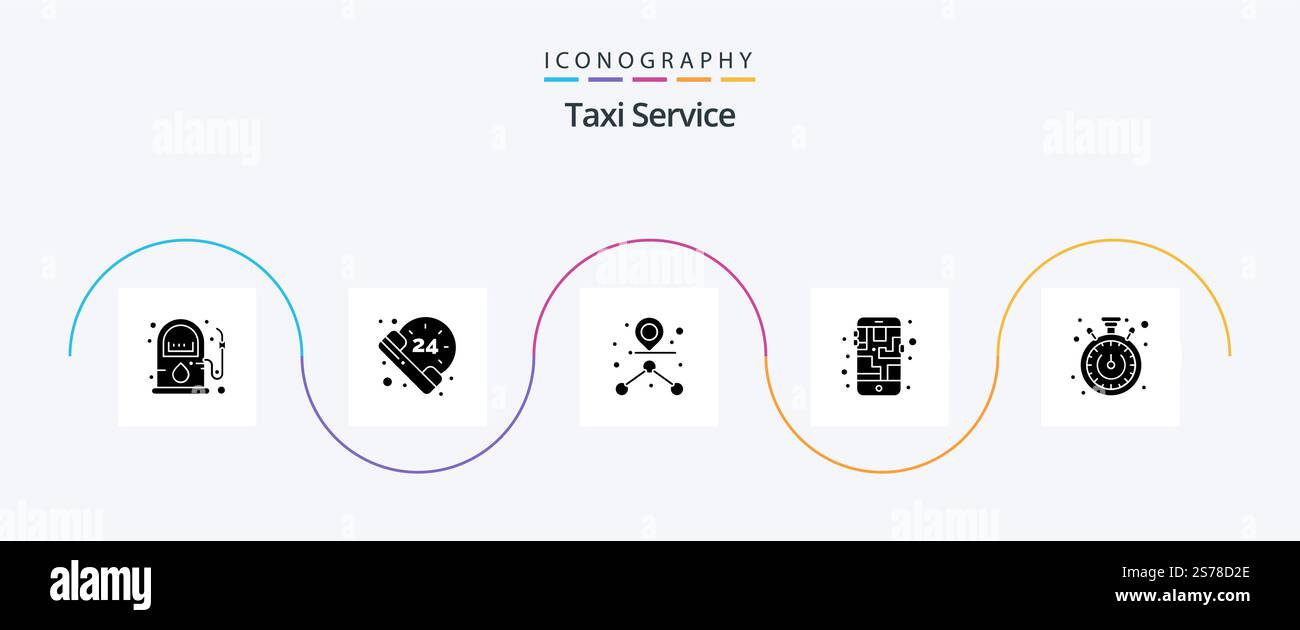 Taxi Servizio Glyph 5 icona Pack incluso . tempo. percorso. cronometro. telefono Illustrazione Vettoriale