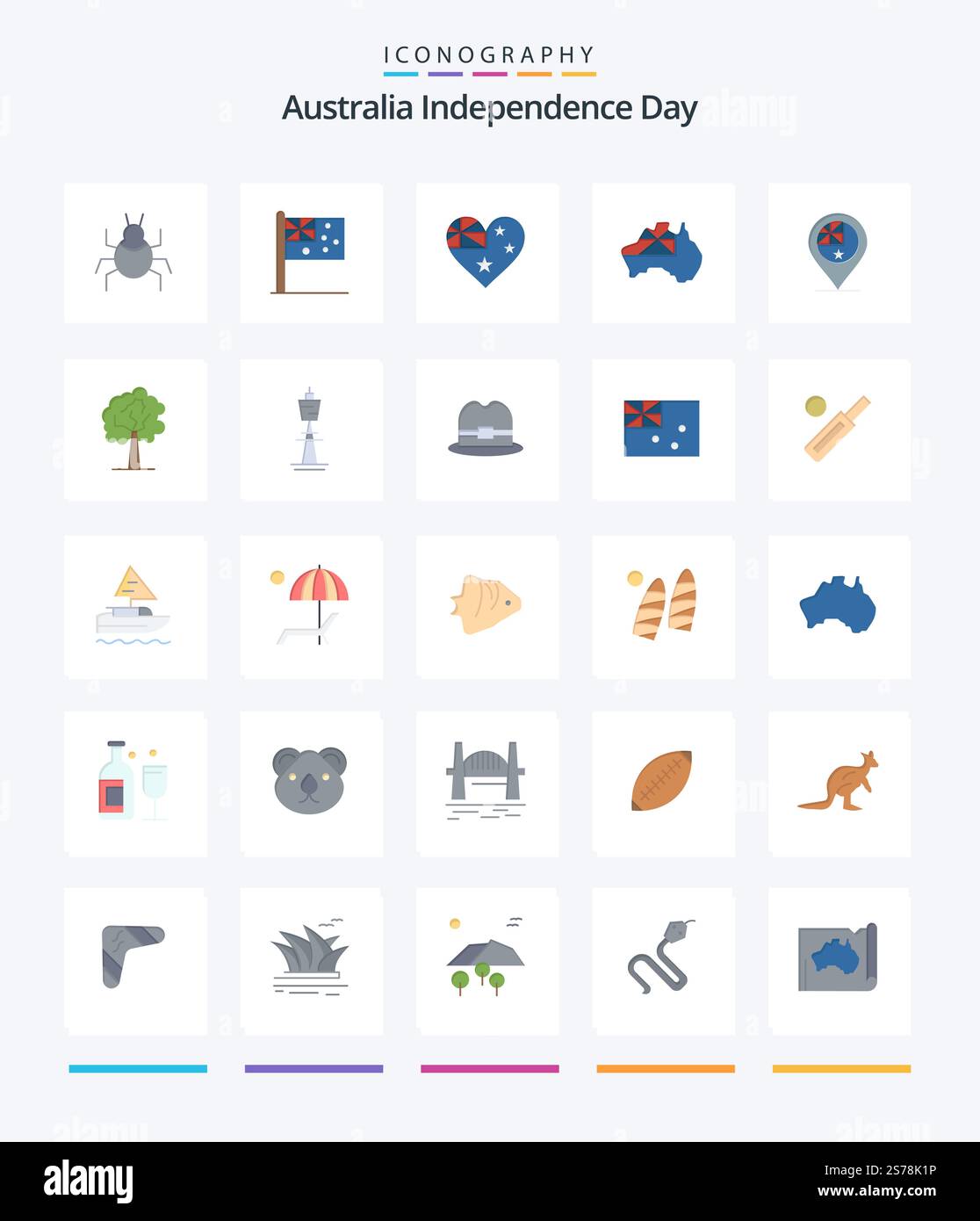 Creative Australia Independence Day 25 pacchetto icona piatta come albero. nazione. australia. allarme. australia Illustrazione Vettoriale