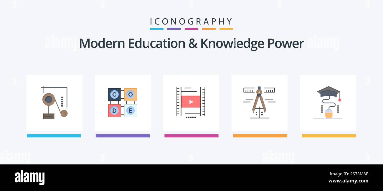 Pacchetto icone Modern Education and Knowledge Power Flat 5 con graduazione. misura. vedio . strumenti. pinze. Icone creative Design Illustrazione Vettoriale