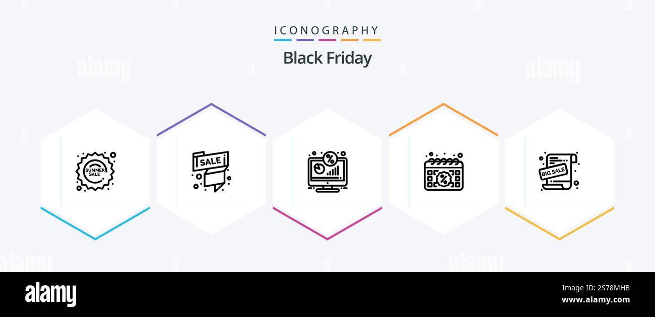 Pacchetto icone Black Friday 25 Line incluso il giorno. calendario. offerta. acquista. percentuale Illustrazione Vettoriale