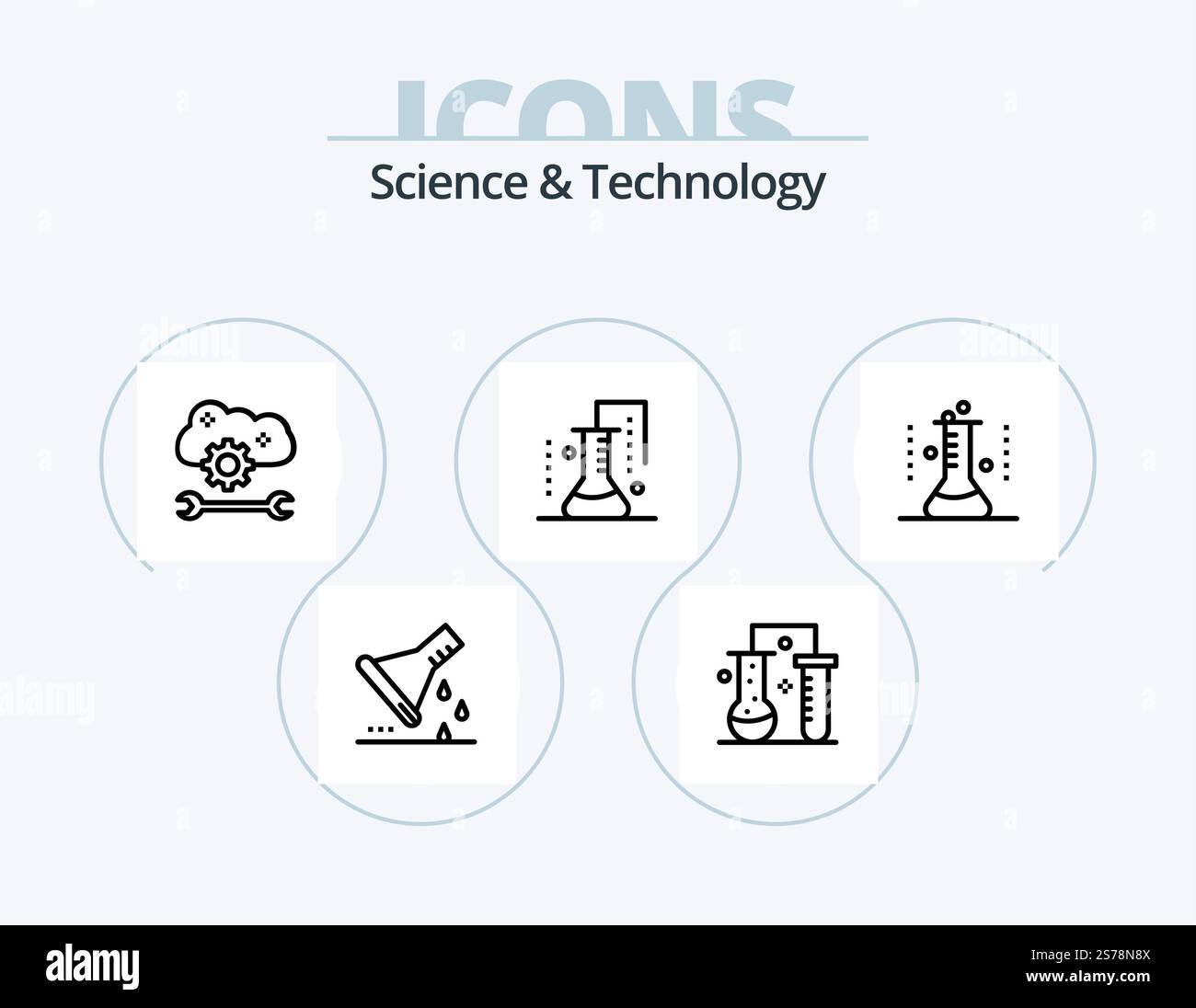 Scienza e tecnologia Line Icon Pack 5 Icon Design. pianeti orbitanti. orbita. fissione nucleare. informazioni non elaborate. filtraggio dei dati Illustrazione Vettoriale