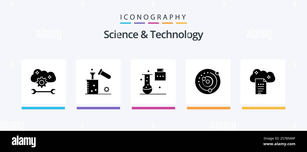 Scienza e tecnologia Glyph 5 Icon Pack che include pianeti orbitanti. orbita. provetta. portafoglio scientifico. educazione scientifica. Icone creative Design Illustrazione Vettoriale
