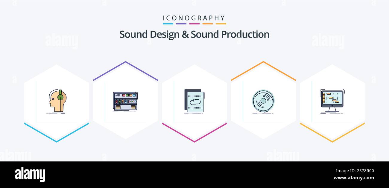 Sound Design and Sound Production 25 pacchetto icone FilledLine con fonografo. disco. montaggio su rack. suono. loop Illustrazione Vettoriale