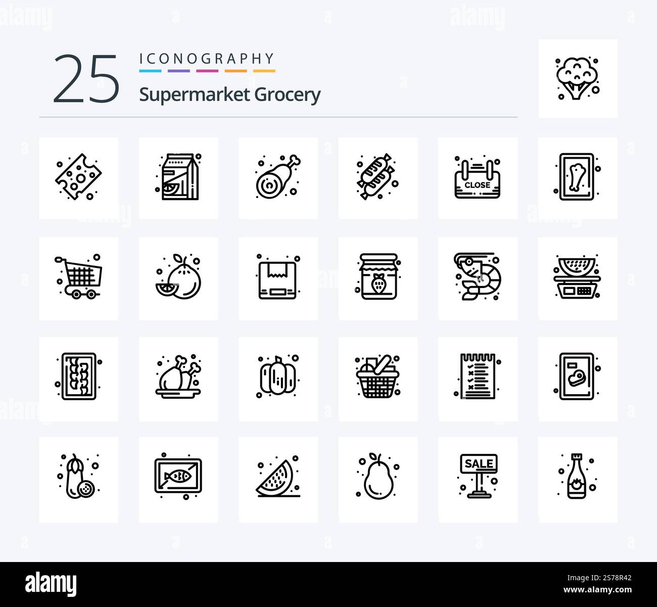 Pacchetto icone della linea 25 della drogheria con cartello incluso. chiudi. osso. cibo. pane Illustrazione Vettoriale