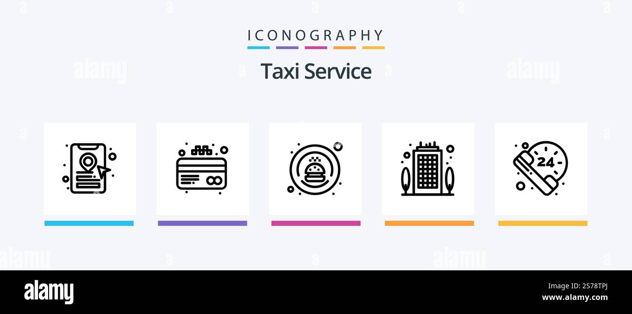 Servizio taxi linea 5 Icon Pack incluso . bere. assicurazione auto. bottiglia. trasporto. Icone creative Design Illustrazione Vettoriale