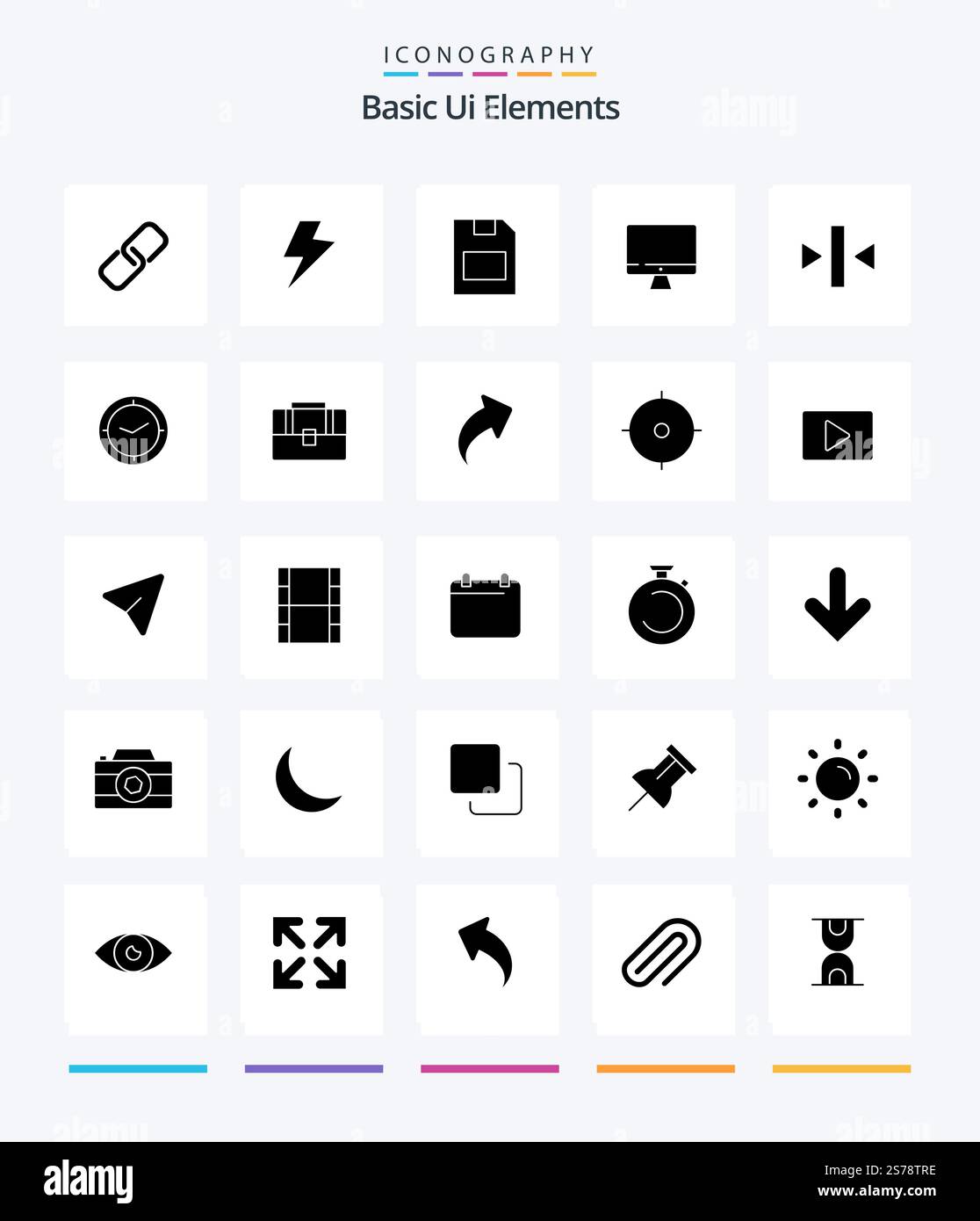 Pacchetto icone Creative Basic UI Elements 25 Glyph Solid Black, come il retro. gioca. scheda di memoria. hardware. monitor Illustrazione Vettoriale