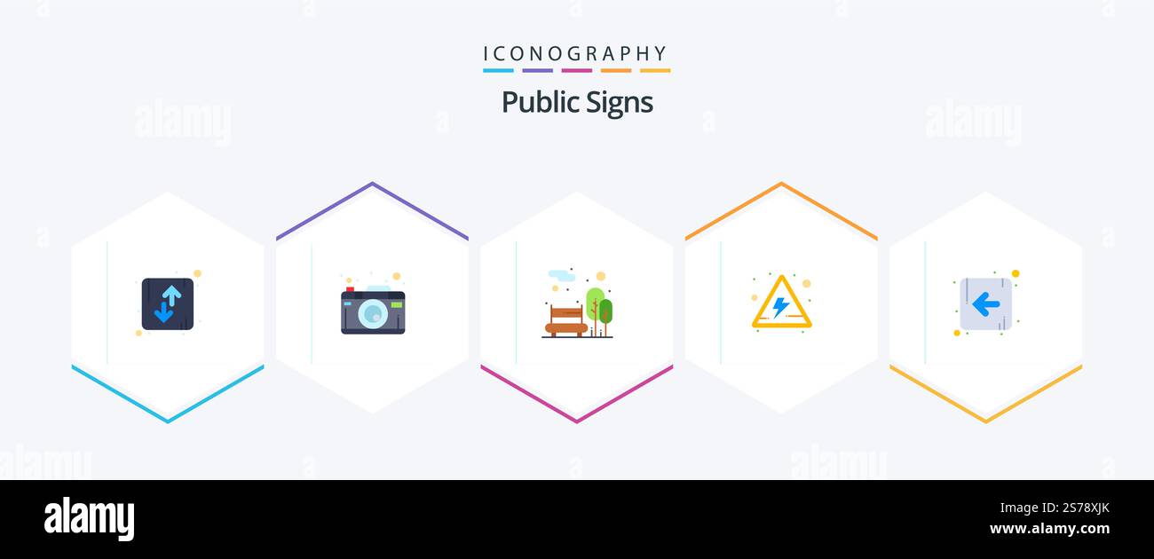 Public Signs 25 pacchetto icona piatta inclusa la direzione. segnali. fotografia. pericolo. pubblico Illustrazione Vettoriale