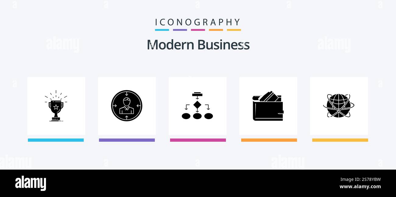 Modern Business Glyph 5 Icon Pack che include l'architettura dei dati. algoritmo. dipendente. diagramma di flusso. risorse. Icone creative Design Illustrazione Vettoriale
