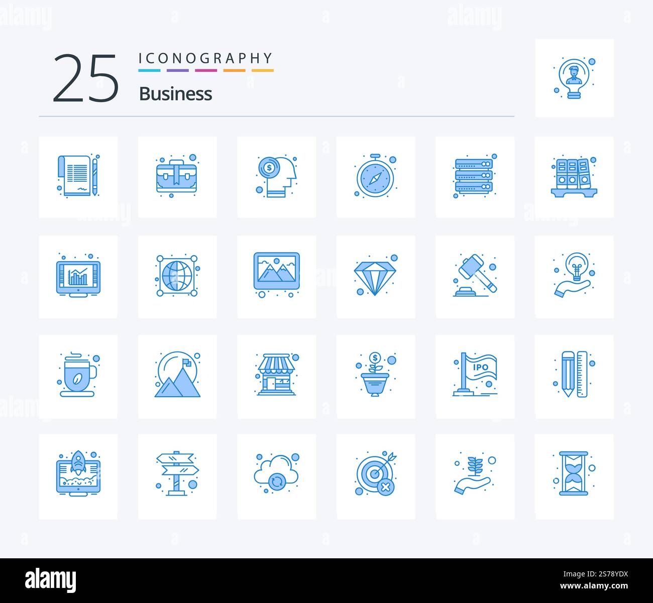 Pacchetto icone blu Business 25 con server cloud. guarda. cervello. timer. orologio Illustrazione Vettoriale