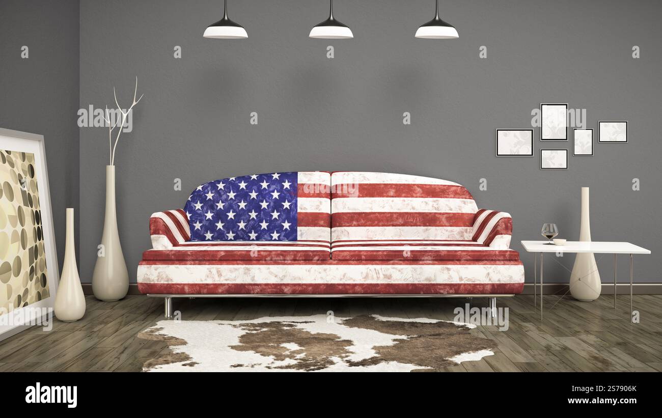 gli interni 3d ritraggono l'immagine di un divano bandiera usa in una stanza con pelle di mucca Foto Stock