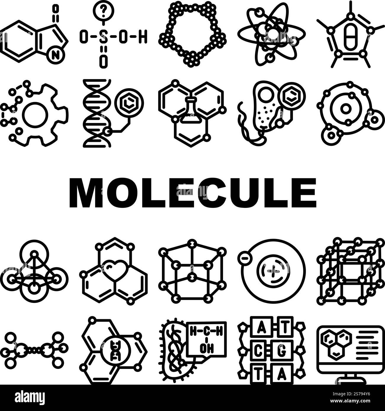 le icone della scienza della chimica molecolare impostano il vettore. ricerca medica, biologia atomica, struttura molecolare, laboratorio di medicina, scienza chimica molecola scientifica illustrazioni di contorno nero. le icone della scienza della chimica molecolare impostano il vettore Illustrazione Vettoriale