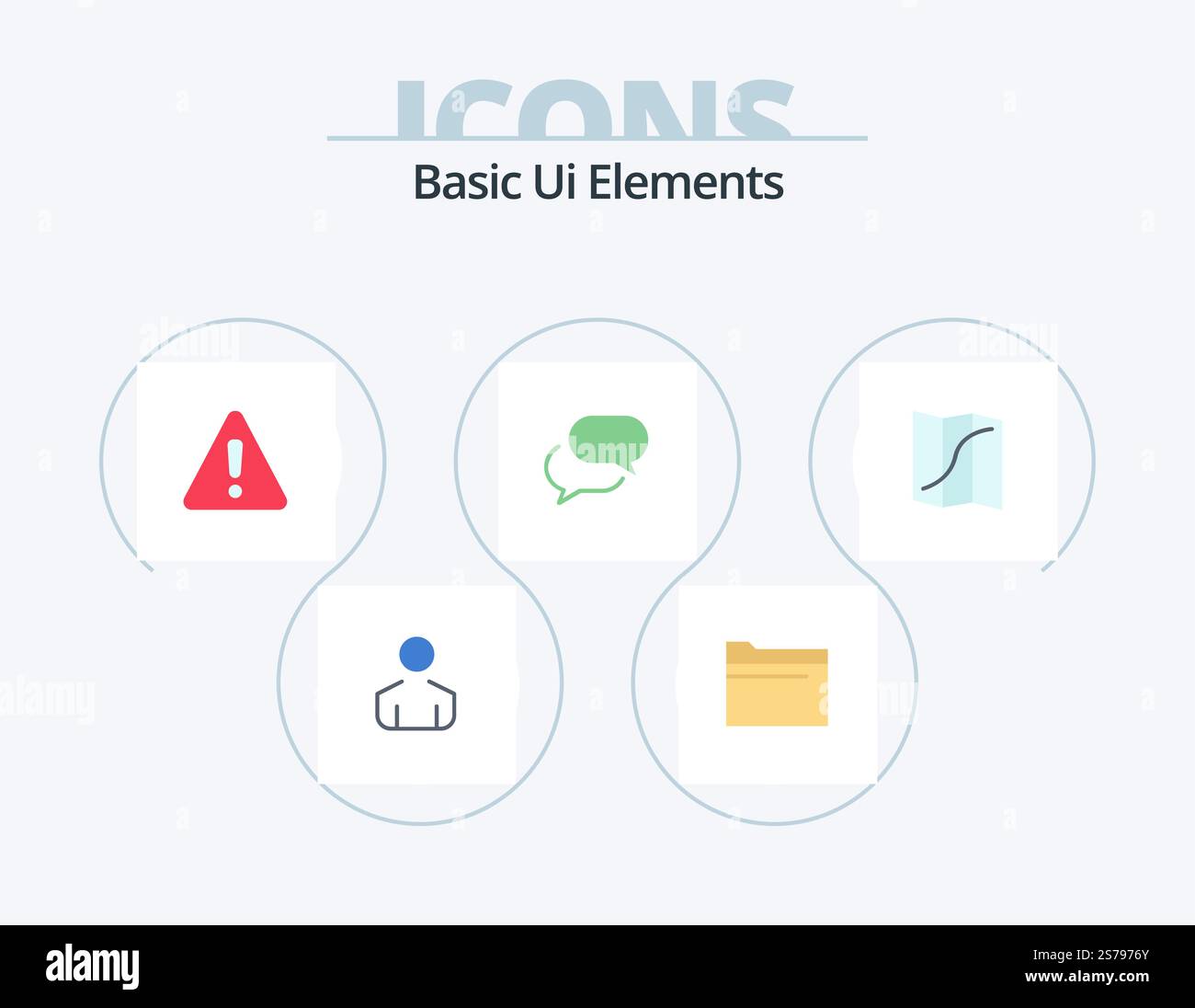 Elementi UI di base Flat Icon Pack 5 Icon Design. navigazione. mappa. pericolo. posta. chat Illustrazione Vettoriale