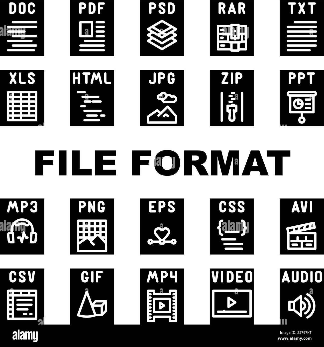 formato file icone del documento imposta vettore. web di presentazione, etichetta pdf, video png, tipo jpg, doc computer, illustrazioni pittogramma glifi del documento in formato file html. formato file icone del documento imposta vettore Illustrazione Vettoriale