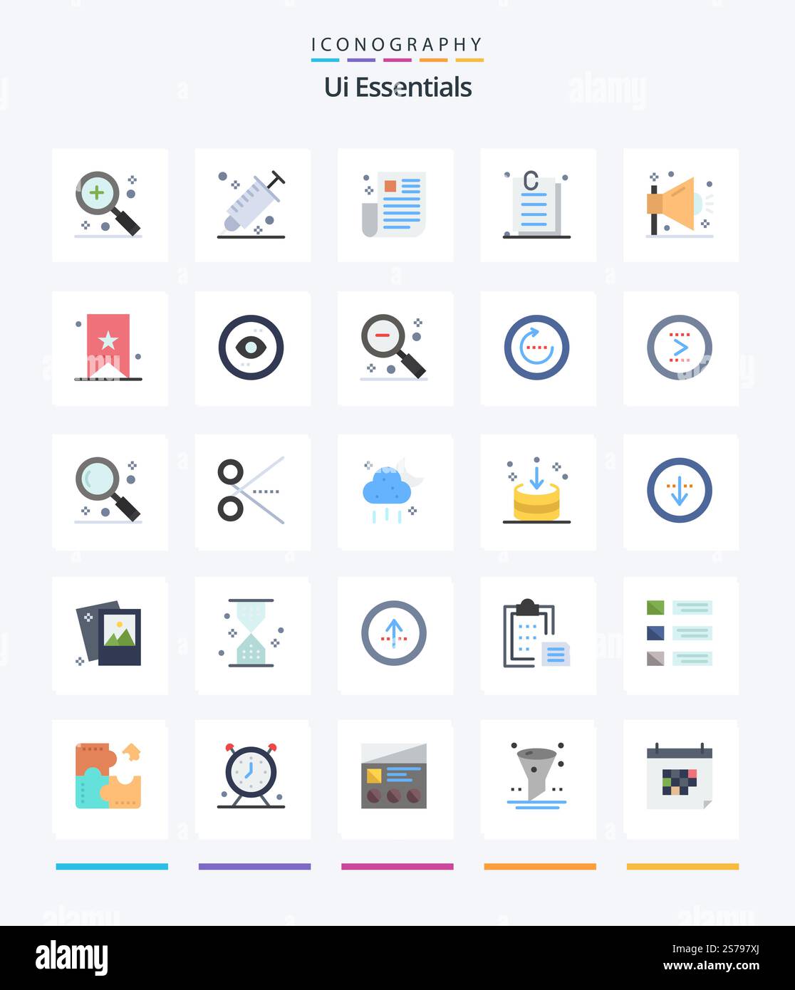 Pacchetto di icone piatte Creative UI Essentials 25, ad esempio online. allegato. selezionatore. ui. quotidiano Illustrazione Vettoriale