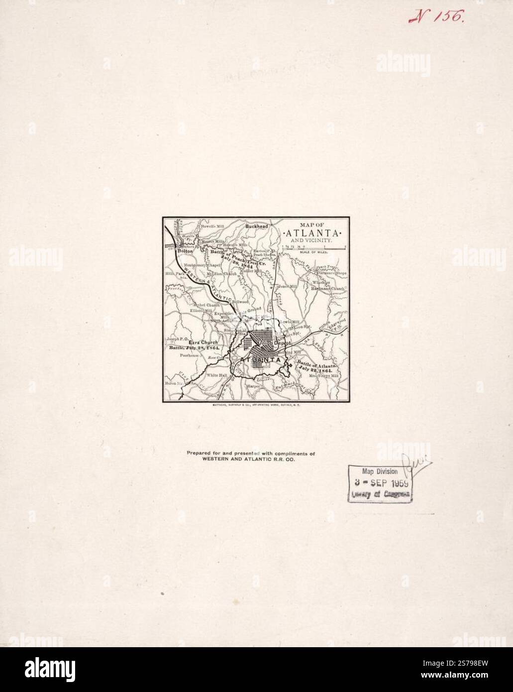 Mappa di Atlanta e dintorni 1864 della Western and Atlantic Railroad Company. Foto Stock