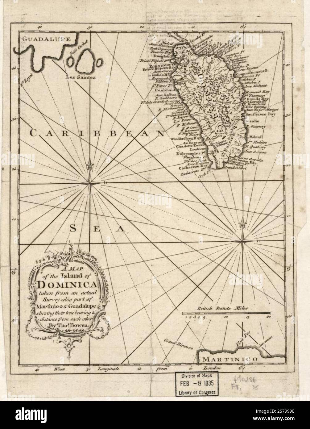 Una mappa dell'isola di Dominica tratta da un'indagine reale, anch'essa parte di Martinico e Guadalupe che mostra la loro vera direzione e distanza l'una dall'altra 1778 di Bowen Thomas Foto Stock