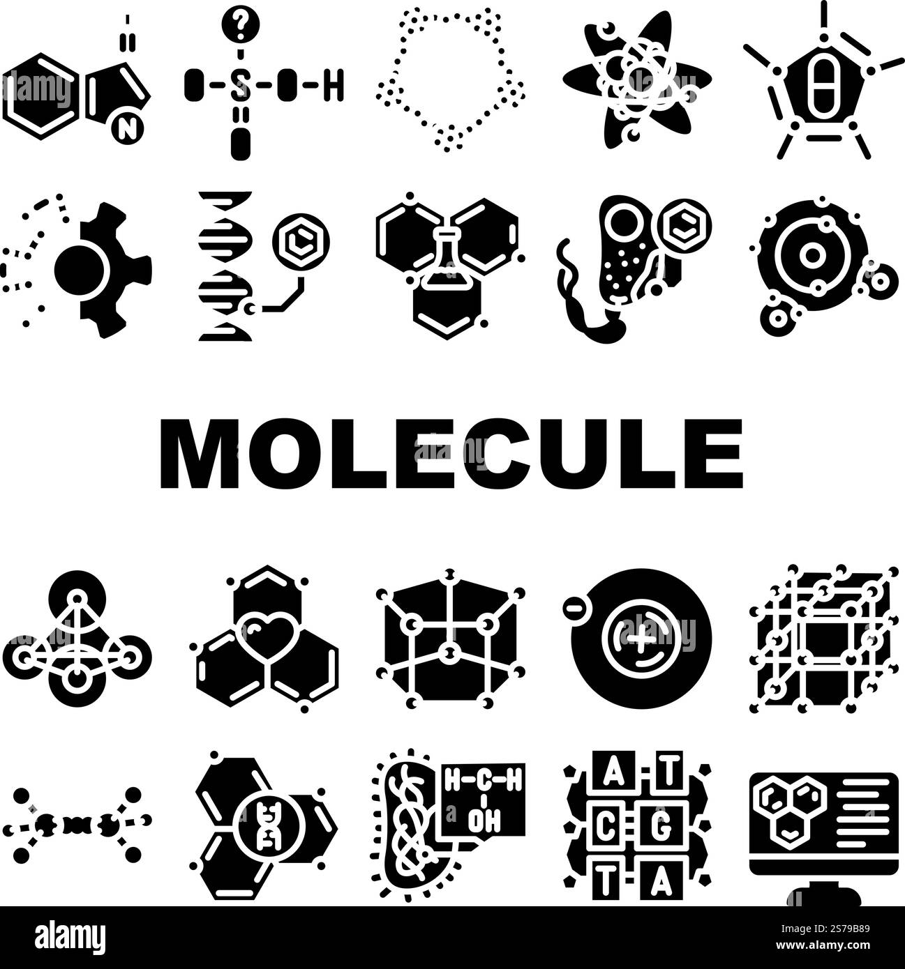 le icone della scienza della chimica molecolare impostano il vettore. Ricerca medica, biologia atomica, struttura molecolare, laboratorio di medicina, chimica molecola scientifica scienza glifo illustrazioni pittogramma. le icone della scienza della chimica molecolare impostano il vettore Illustrazione Vettoriale