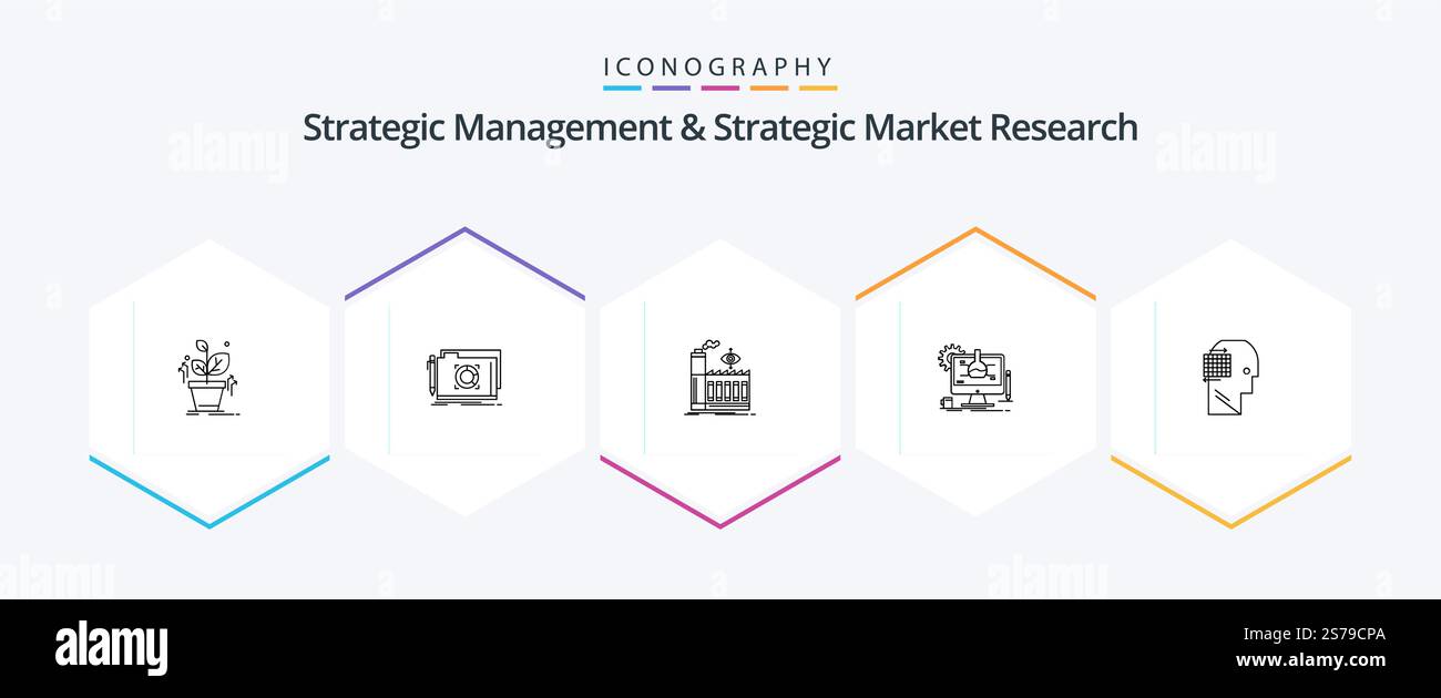 Strategic Management and Strategic Market Research 25 Line Icon pacchetto Think. tecnologia. mulino. it. chimico Illustrazione Vettoriale