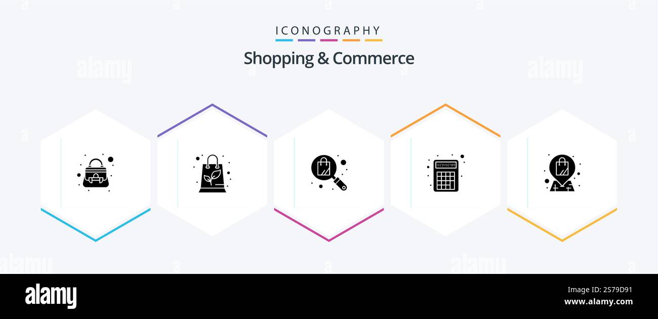 Shopping e Commercio 25 pacchetto icone Glyph inclusa borsa. negozio. ricerca. posizione. matematica Illustrazione Vettoriale