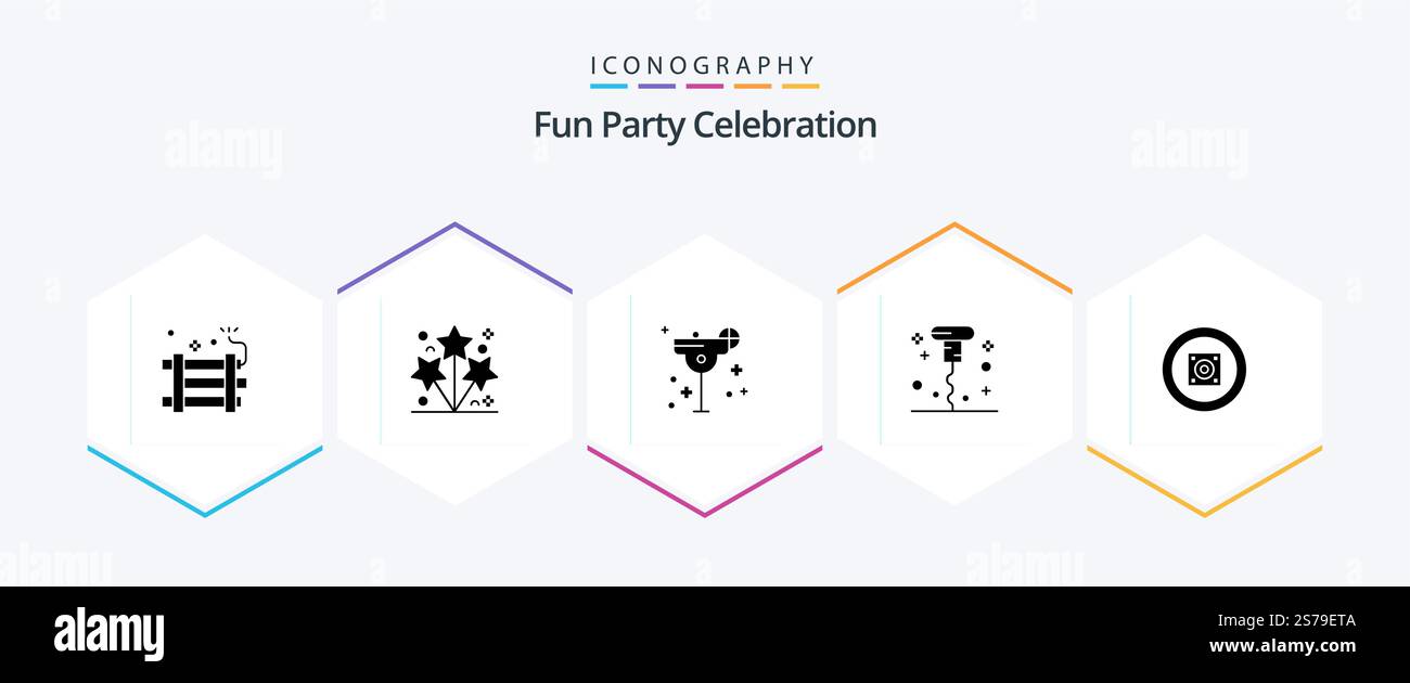 Party 25 Glyph pacchetto icone con boom box. varie. scintilla. cavatappi. margarita Illustrazione Vettoriale