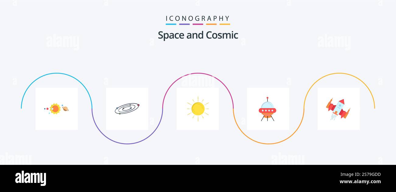 Pacchetto icone Space Flat 5 con spedizione inclusa. nave spaziale. sistema. meteo. pianeta Illustrazione Vettoriale