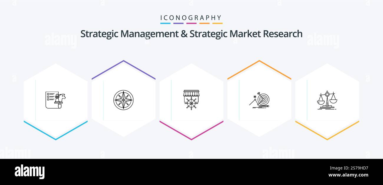 Strategic Management and Strategic Market Research 25 Line Icon pacchetto Balance. obiettivo. posizione. operazione riuscita. business Illustrazione Vettoriale