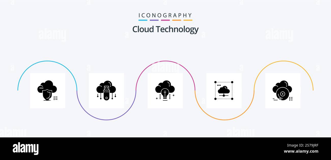 Pacchetto icone Glyph 5 con tecnologia cloud e dati inclusi. nuvola. nuvola. luce. dati Illustrazione Vettoriale