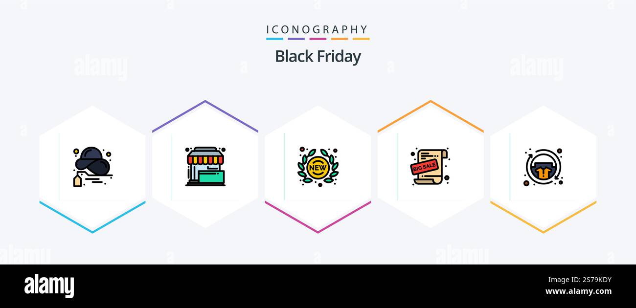 Black Friday 25 pacchetto icone FilledLine con pubblicità in vendita. grande vendita. negozio. negozio. adesivo Illustrazione Vettoriale
