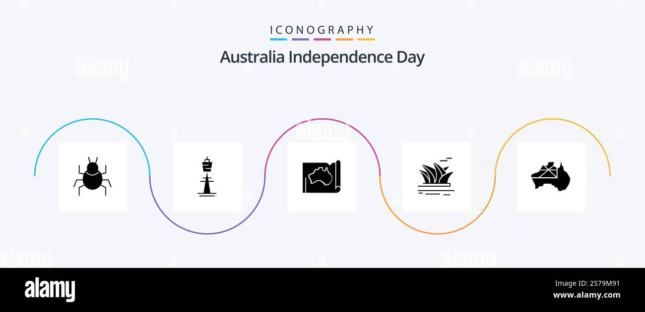 Pacchetto icone Australia Independence Day Glyph 5 con cultura inclusa. viaggi. torre. mappa. paese Illustrazione Vettoriale