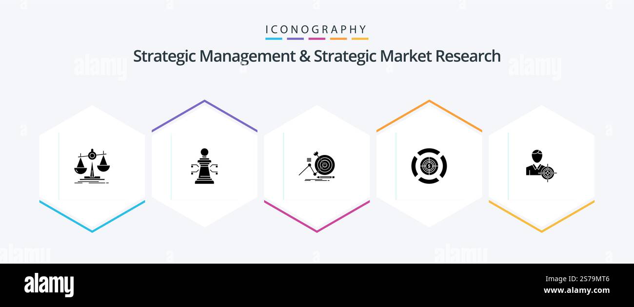 Strategic Management and Strategic Market Research 25 Glyph Icon Pack incluso MAN. destinazione. gioco. messa a fuoco. messa a fuoco Illustrazione Vettoriale