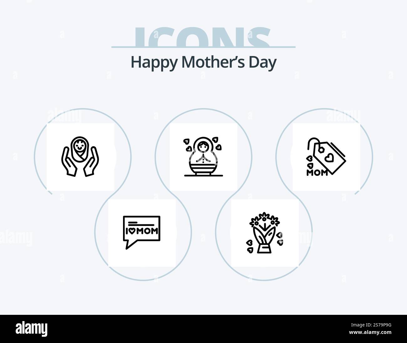 Happy Mothers Day Line Icon Pack 5 Icon Design. interno. specchia. bellezza. pram. bambino Illustrazione Vettoriale
