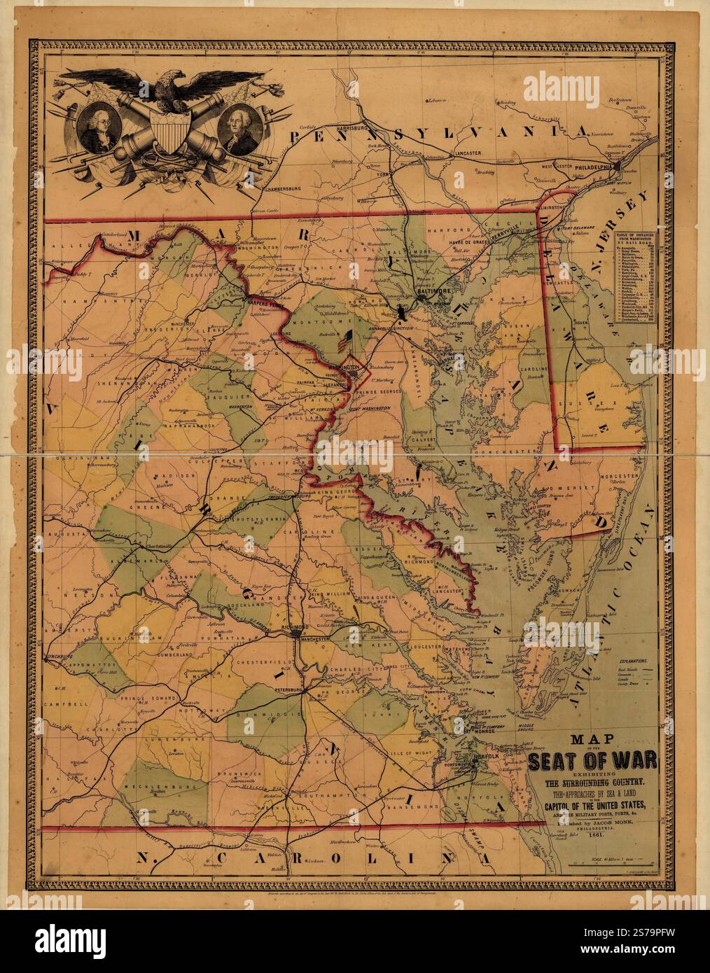 Mappa della sede della guerra che mostra il paese circostante, gli avvicinamenti via mare e via terra al campidoglio degli Stati Uniti, e le postazioni militari, i forti, &c.. 1861 di Monk Jacob. Foto Stock Mappa della sede della guerra che mostra il paese circostante, gli avvicinamenti via mare e via terra al campidoglio degli Stati Uniti, e le postazioni militari, i forti, &c.. 1861 di Monk Jacob. Foto Stock