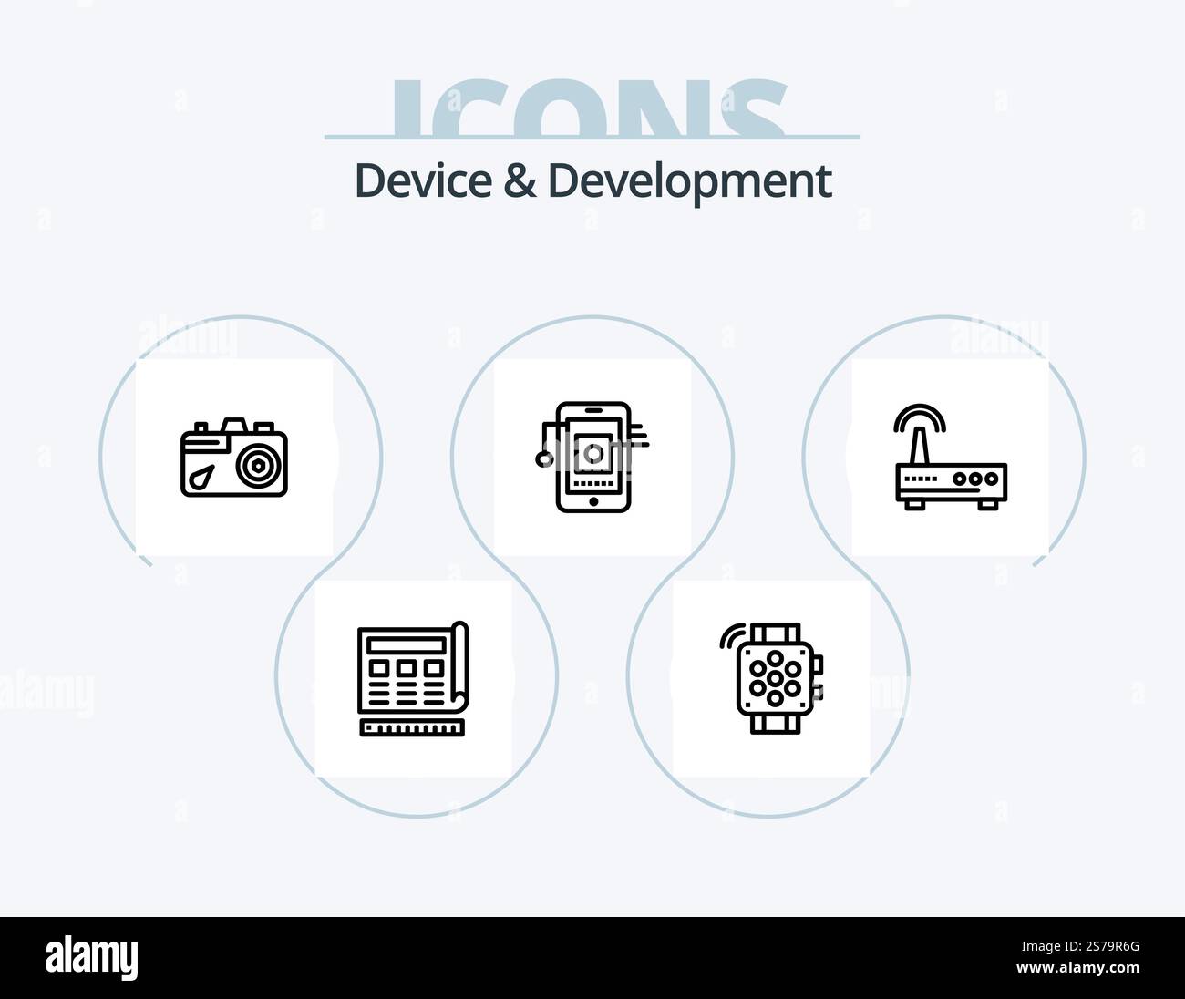 Dispositivo e linea di sviluppo Icon Pack 5 Icon Design. webcam. cella. stampante. hardware. cellulare Illustrazione Vettoriale