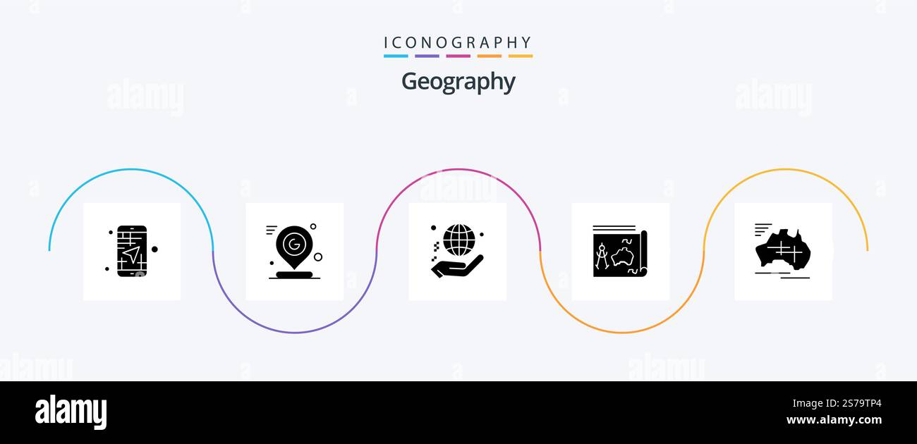 Geo graphy Glyph 5 pacchetto icone con guida. mappa. posizione. dona. globo Illustrazione Vettoriale