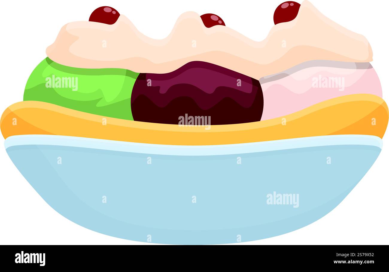 Vettore cartoni animati icona banana split. Cibo panna. Ghiaccio di vaniglia. Vettore cartoni animati icona banana split. Cibo panna Illustrazione Vettoriale