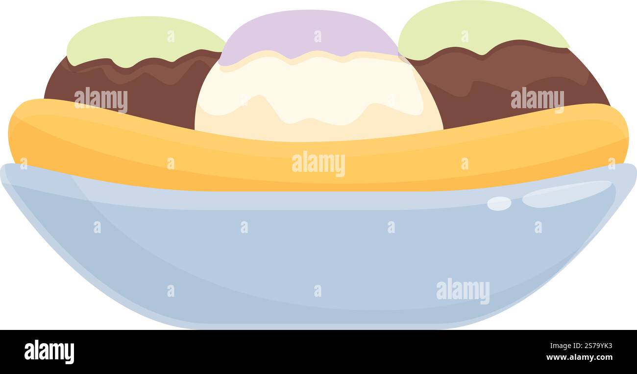 Gustoso cartoni animati icona del cibo dolce. Sundae di banana. Ghiaccio di vaniglia. Gustoso cartoni animati icona del cibo dolce. Sundae di banana Illustrazione Vettoriale