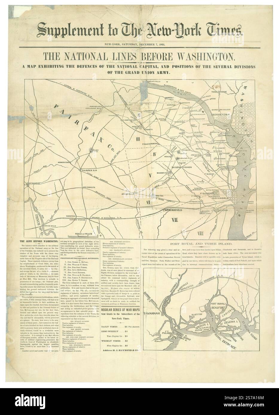 The National Lines Before Washington : una mappa che mostra le difese della capitale nazionale e le posizioni delle diverse divisioni della grande Union Army : supplemento al New York Times : New York, sabato 7 dicembre 1861. 1861 Foto Stock