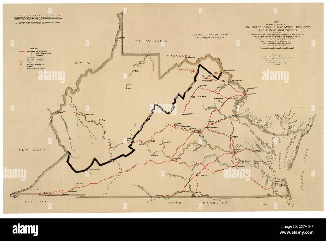 Mappa che mostra la posizione di ferrovie, canali, progetti di navigazione e istituzioni pubbliche in cui il Commonwealth della Virginia aveva investito denaro a partire dal 1° gennaio. 1861 : come tracciato da una mappa ufficiale in possesso della Virginia State Library entittled [sic] "A MAP of the State of Virginia Reduced from the Nine Sheet Map of the State in Conformity to Law by Herman Boye, 1828, Corrected by Order of the Executive 1859 by L.v. Buckholtz": Insieme alla linea di divisione successivamente stabilita tra Virginia e Virginia Occidentale e ulteriori estensioni fatte dal completamento della mappa fino Foto Stock