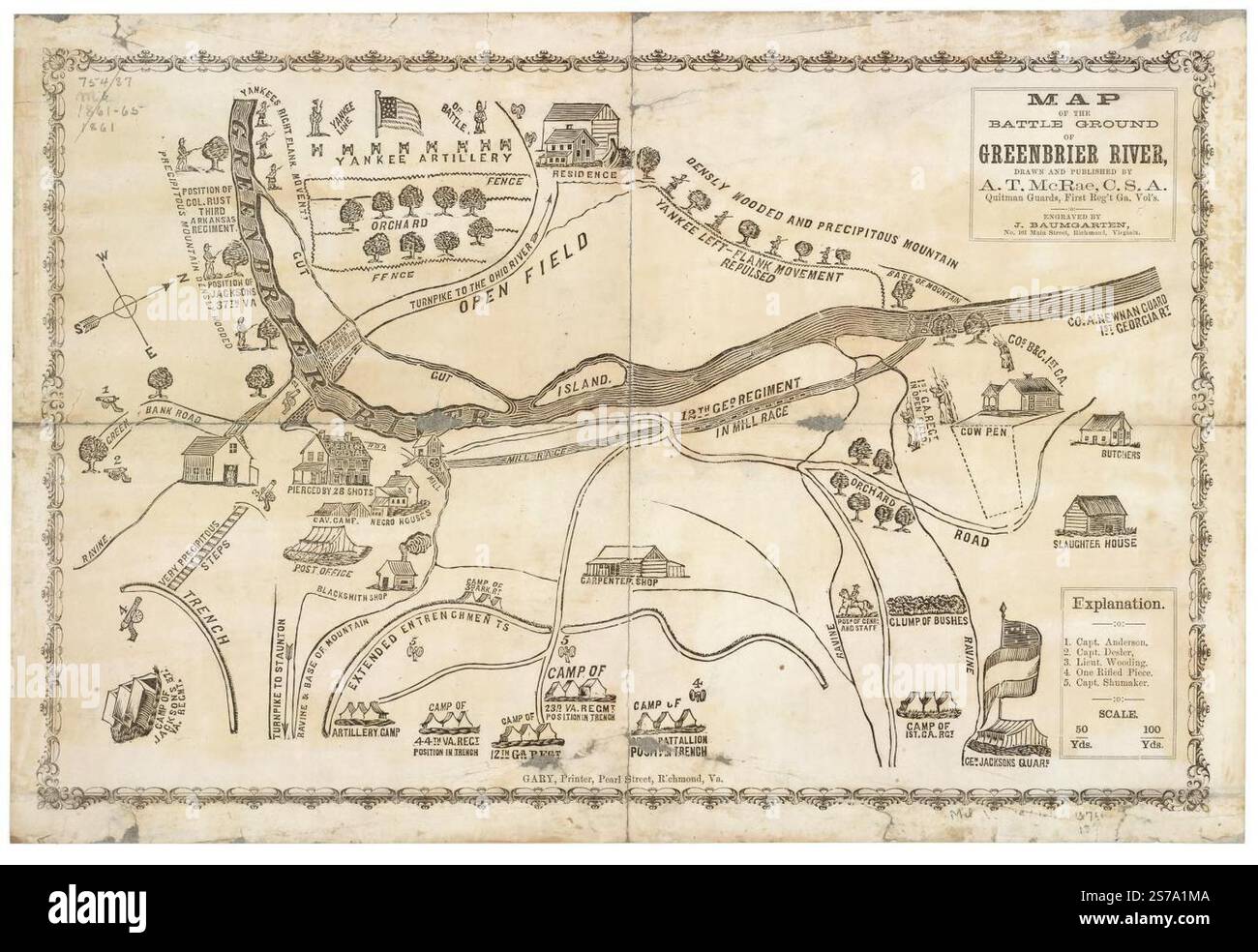 Mappa del terreno di battaglia del fiume Greenbrier 1861 di McRae A. T., Baumgarten J., Gary (Printer) Foto Stock