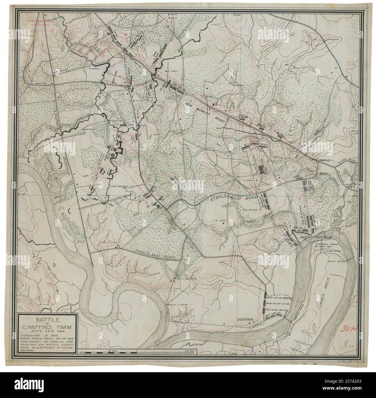 Battle of Chaffin's Farm, 29 settembre 1864 : topografia del 1894 : strade, case, alberi, ecc. del 1864 dalle mappe Campbell e Chambliss : posizioni e percorsi assunti dalle descrizioni nei registri ufficiali. 1894 Foto Stock