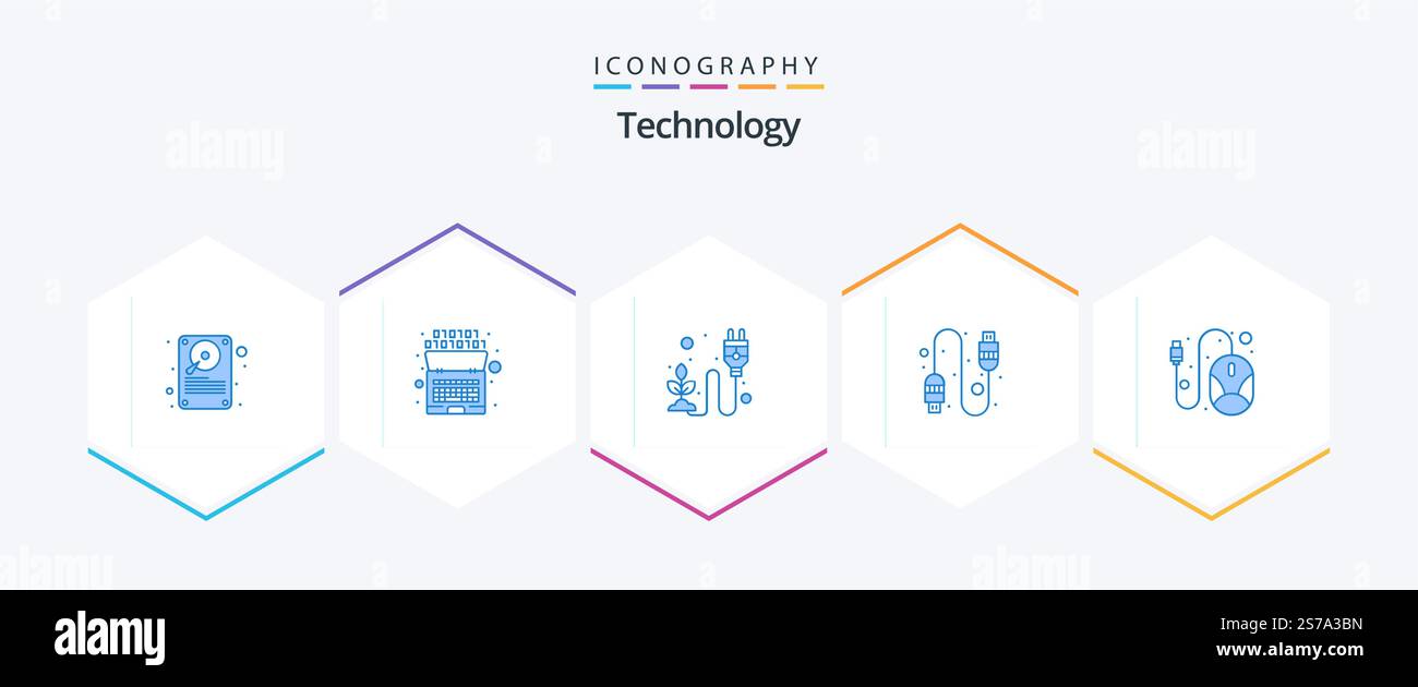 Tecnologia 25 pacchetto icone blu con linea inclusa. usb. ecologico. connessione. pianta Illustrazione Vettoriale