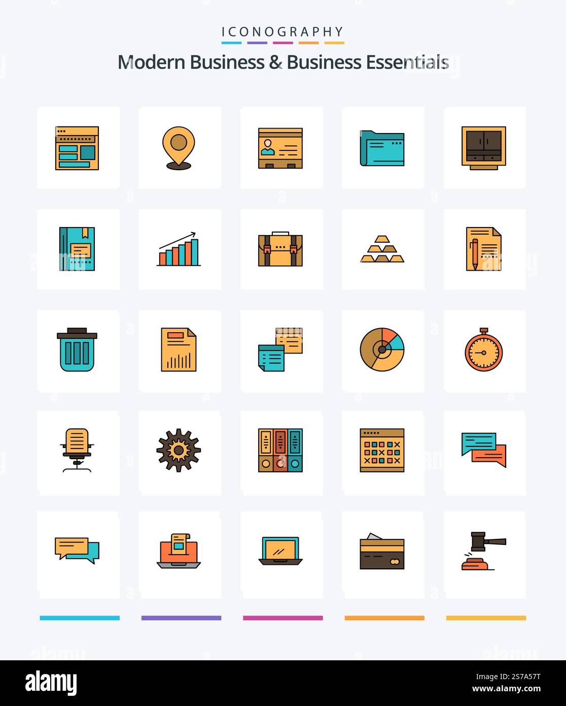 Creative Modern Business and Business Essentials 25 linea piena di icone, come le carte. id. mappa. puntatore. luogo Illustrazione Vettoriale