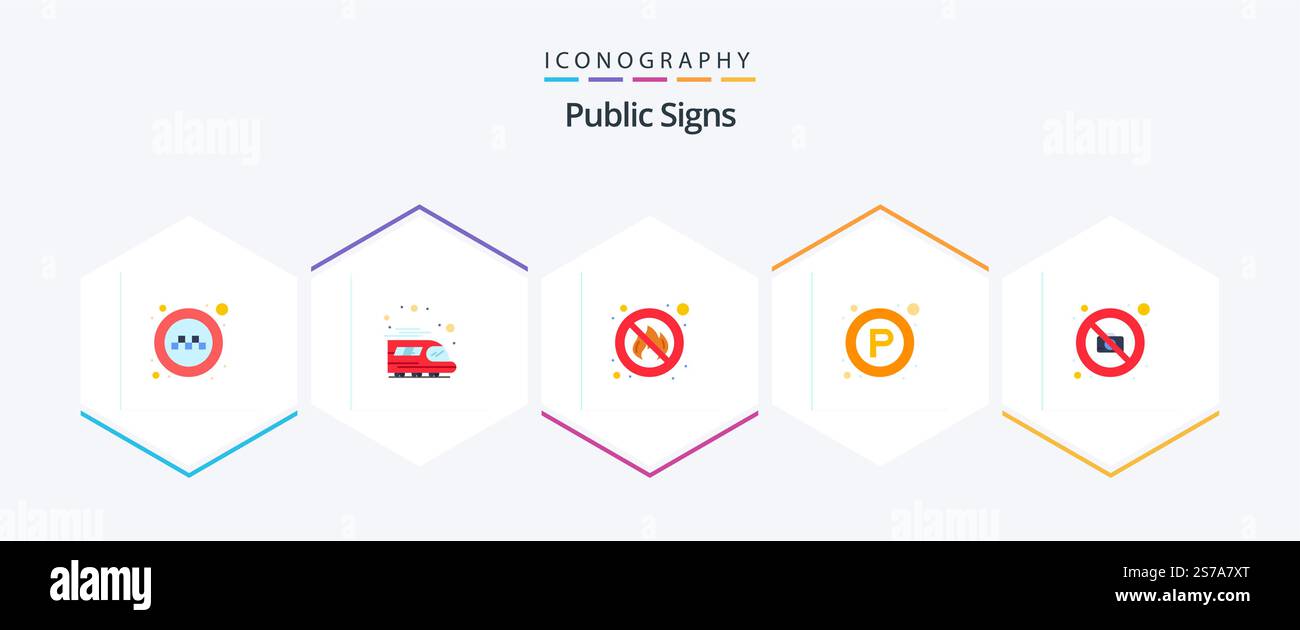 Public Signs 25 pacchetto icona piatta incluso n. fotocamera. fuoco. luogo. segnali Illustrazione Vettoriale