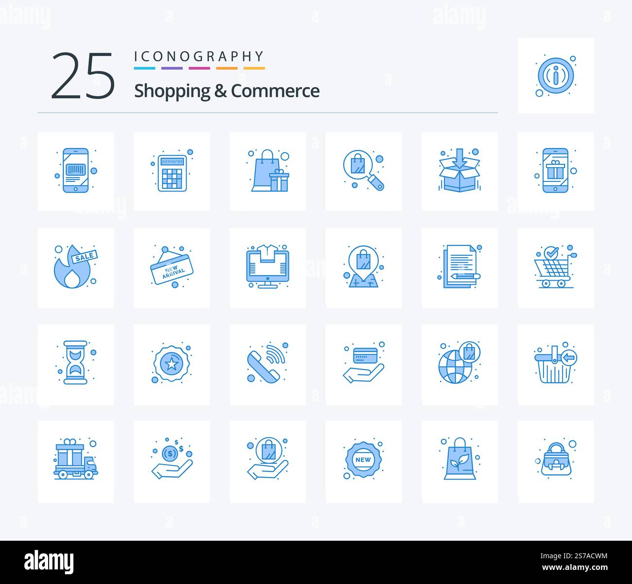 Shopping e Commercio 25 pacchetto icone colore blu con scatola di consegna inclusa. shopping. numero cruncher. ricerca. premio Illustrazione Vettoriale