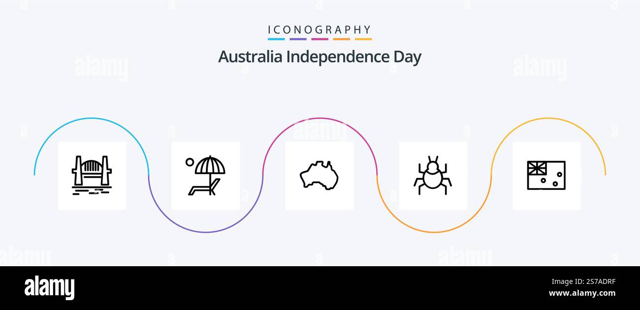 Pacchetto icone Australia Independence Day Line 5 con virus incluso. bug. buon divertimento. viaggi. posizione Illustrazione Vettoriale