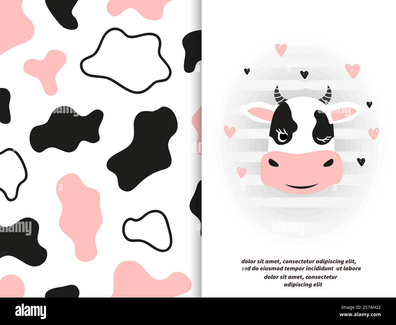 Cute mucca viso e pelle di mucca motivi senza cuciture. Stampa vettoriale per bambini Illustrazione Vettoriale