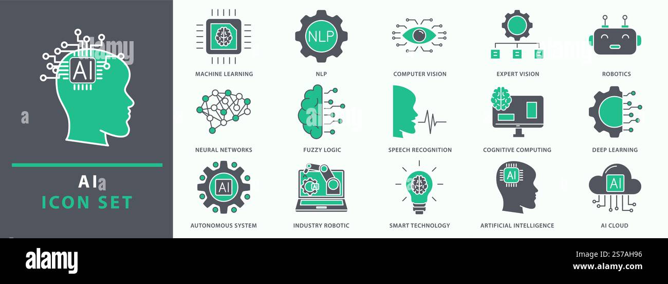 Icone dell'intelligenza artificiale. Set di icone di intelligenza artificiale. Imposta icona relativa all'intelligenza artificiale. Illustrazione vettoriale. Illustrazione Vettoriale
