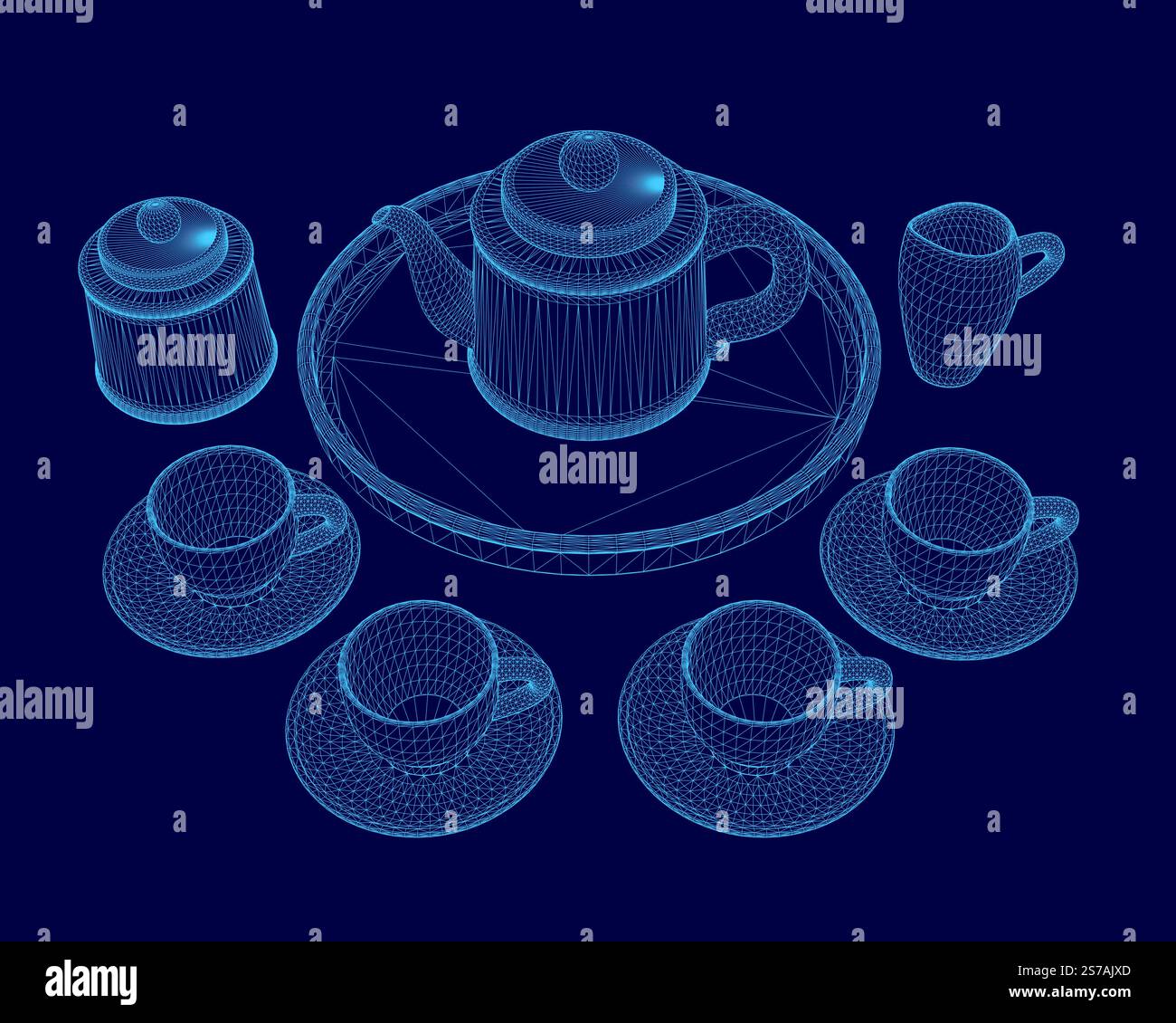 Immagine blu di un tavolo con teiera e tazze. Le tazze sono disposte in cerchio intorno alla teiera Illustrazione Vettoriale