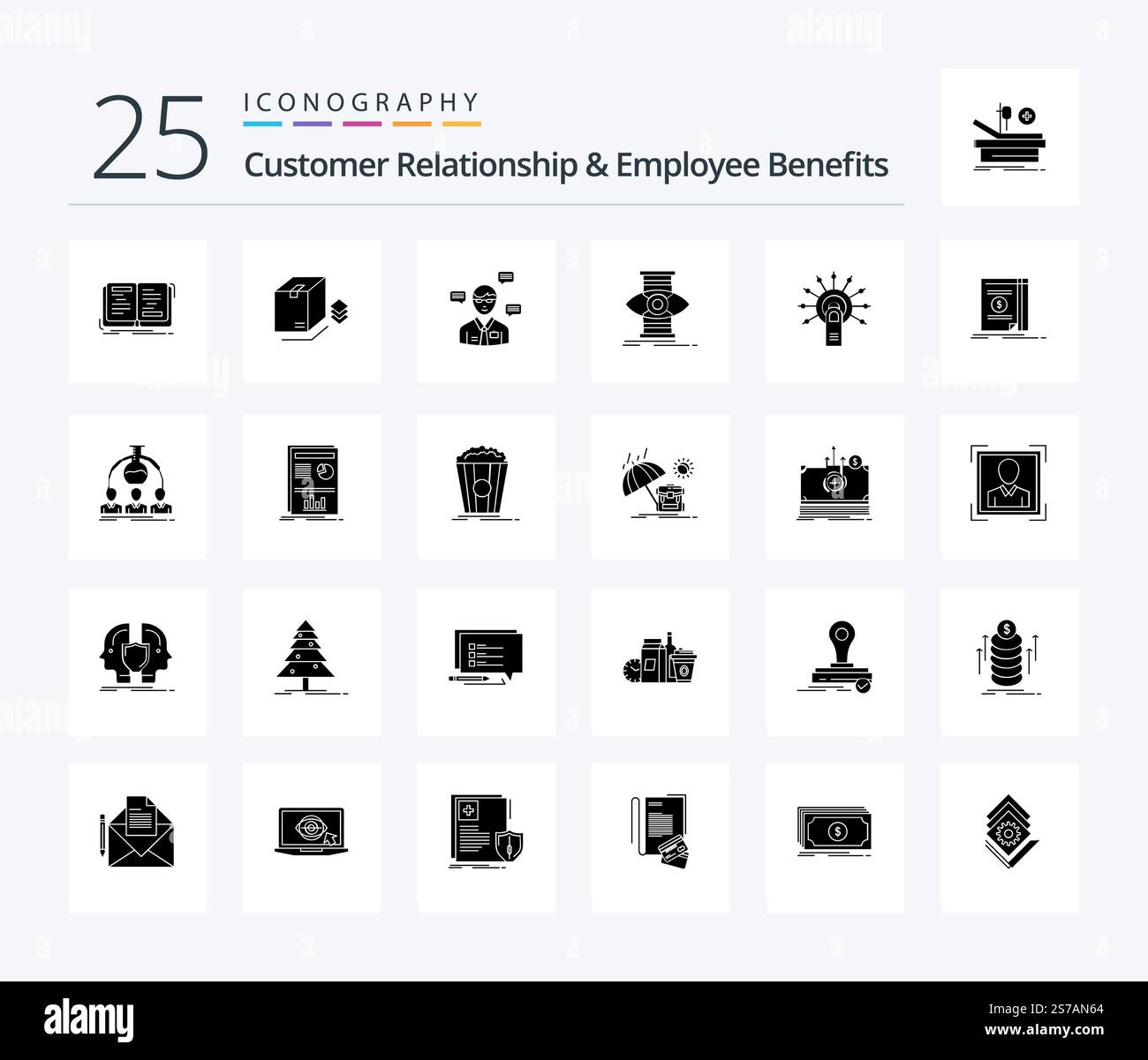 Customer Relationship and Employee Benefits 25 Solid Glyph Icon pacchetto Optimize. operazione riuscita. pacchetto. occhio. chat Illustrazione Vettoriale